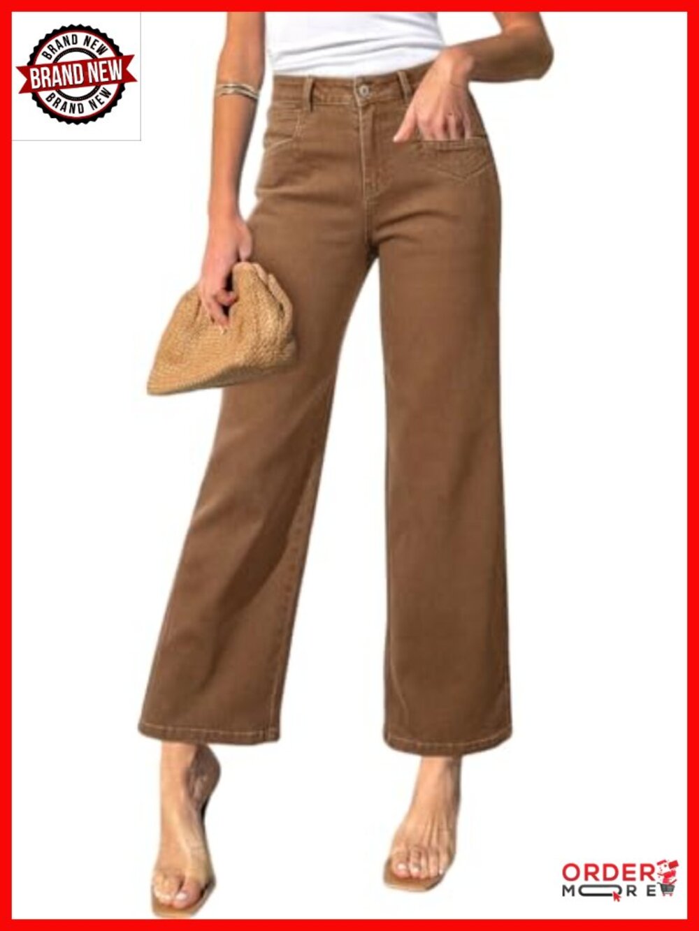 High Waisted Wide Leg Ankle Jeans Stretchy Cotton Denim with Pockets